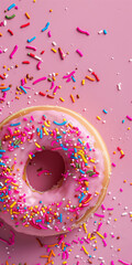 Wall Mural - Donut with roze pink glaze, sprinkles, pastel background