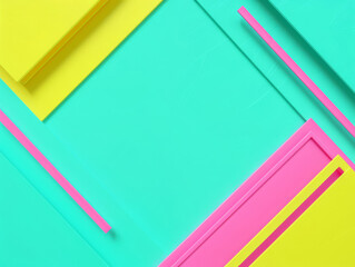 Canvas Print - A colourful abstract composition with teal, yellow, and pink geometric shapes and lines on a flat surface.