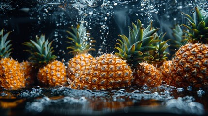A bunch of ripe pineapples, with water droplets, falling into a deep black water tank, creating a colorful contrast and intricate splash patterns.