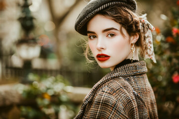 Wall Mural - Fashion portrait of young beautiful woman in a hat and coat.