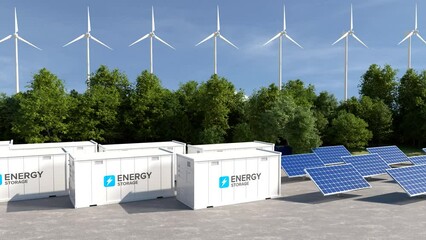 Wall Mural - Energy storage systems with wind turbines and solar farms, Green alternative energy, Net zero emissions concept.