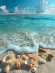 Wall Mural - Seashells on a Sandy Beach With Blue Sky and Waves