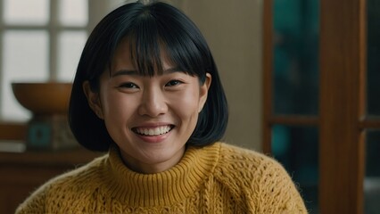 A happy Asian woman, smiling for the camera, dressed in a yellow sweater, has black hair