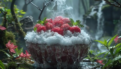 Bowl of fresh raspberries with ice and steam in a mystical forest setting.