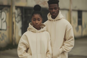 Attractive young Black man and woman wearing plain cream-colored hoodies, standing in the street, facing forward in streetwear style