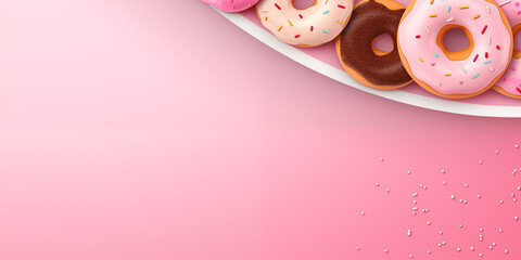 Wall Mural - Donuts in the corner with roze pink white chocolate glaze, sprinkles, pastel background, banner copy space