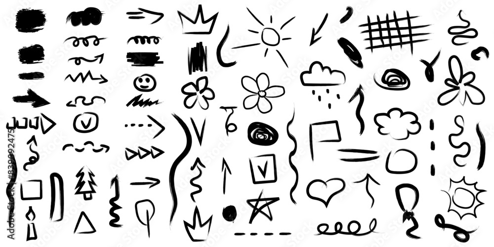 Big set Charcoal Doodle symbols isolated white background. Hand Drawn ...