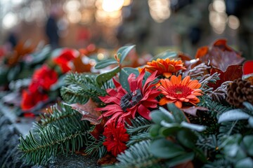 Wall Mural - Close-up of vibrant floral arrangement with red and orange flowers