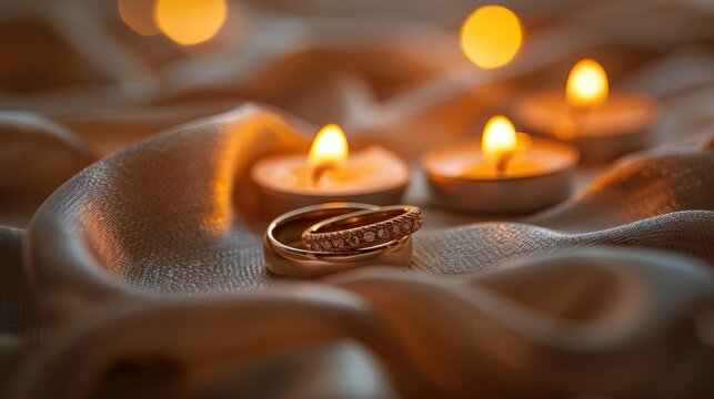 Two intertwined wedding rings resting on a bed of satin with soft candlelight creating a romantic ambiance