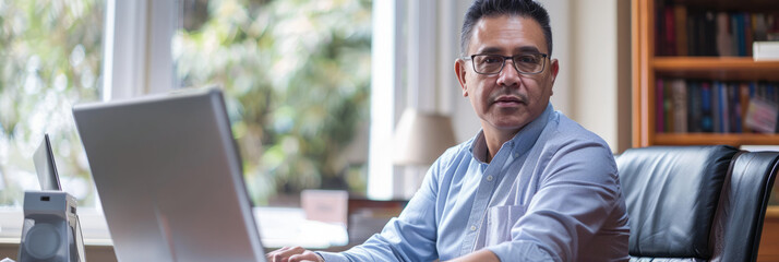 a Hispanic man conducting an online business strategy session from a modern home office