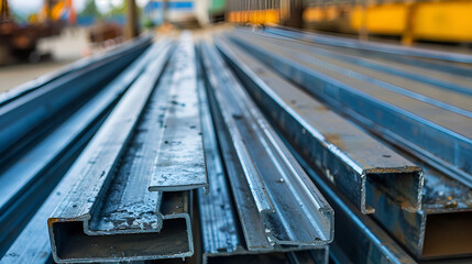 Wall Mural - Rusty square shaped metal profile at construction site, selective focus, iron or steel plates stacked in heavy industry, Metal profile of the pipe lies on the shelves in the workshop


