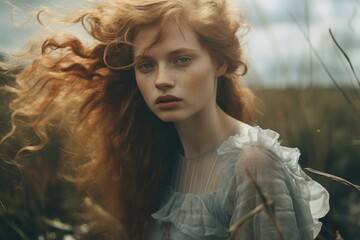 Wall Mural - Portrait of a young woman with fiery red hair amidst wild grass, exuding a dreamy, ethereal beauty