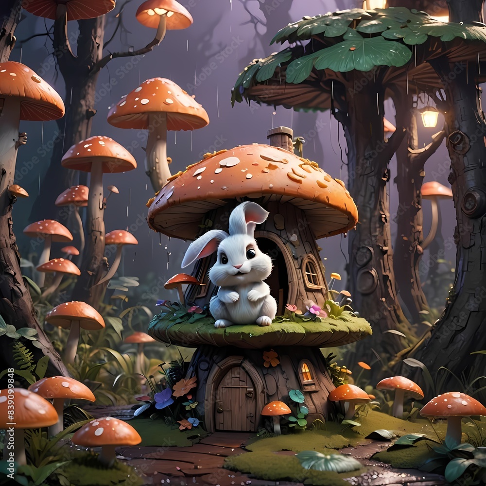 an image of a little bunny in a mushroom house on the side of the road ...