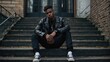 © muqadas - Black man, fashion and street style clothes on cool, trend or attitude model on steps by city wall background on building. Portrait of serious student sitting on stairs in urban punk clothing outdoor