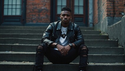 Black man, fashion and street style clothes on cool, trend or attitude model on steps by city wall background on building. Portrait of serious student sitting on stairs in urban punk clothing outdoor