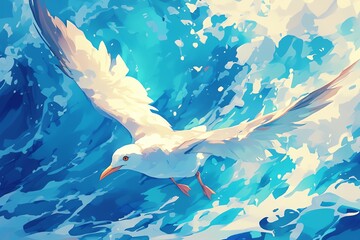 Super cute illustration of a seagull flying over the sea, vibrant colors, soft focus, detailed fur texture, happy and playful mood