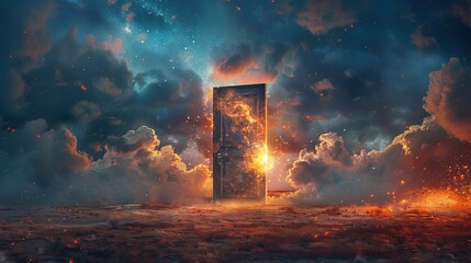 Abstract art of mystical open door in dreams leading to an unknown world, surrealism or fantasy world concept background 