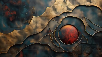 Sticker - A close-up of a metal wall art piece featuring geometric patterns and a central red orb