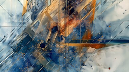 Poster - A close-up abstract watercolor painting featuring a vibrant blue and gold color scheme with geometric lines and shapes