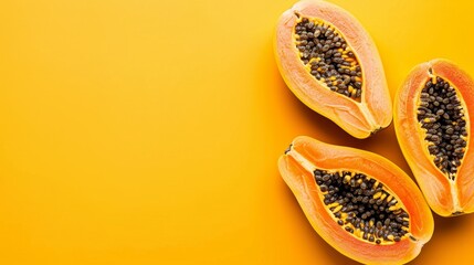 Wall Mural - A close-up image of three halved papaya fruits on a bright orange background. The papaya halves are arranged in a pattern with their seeds visible. The right side of the image features copyspace