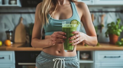 A close-up shot of a woman in workout clothes holding a glass of green smoothie in a modern kitchen