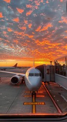 Wall Mural - Airplane Parked on Runway at Sunset With Colorful Sky