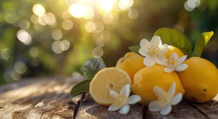 Wall Mural - Freshly Picked Lemons and Blossoms on a Sunny Day