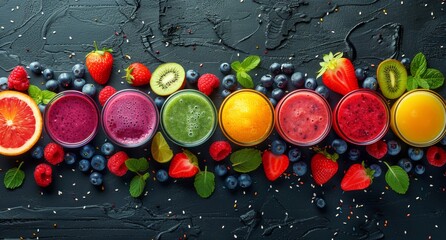 Colorful Fruit Smoothies With Berries and Mint on a Black Tabletop