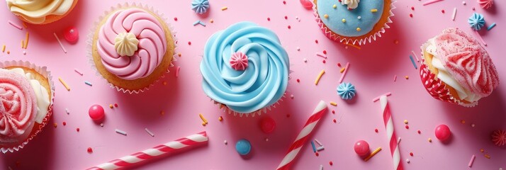 Wall Mural - Abstract shapes of cute sweets like cupcakes, lollipops, and candies on a pastel background