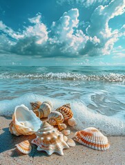Wall Mural - Seashells on Sandy Beach Under Blue Sky With White Clouds