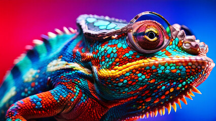 Wall Mural - A close-up of a chameleon on a blue background with an orange surface underneath.