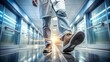 © Wanlop - A solitary pair of scuffed medical shoes worn by a busy doctor moves hastily down a sterile, white hospital corridor, surrounded by crisp lines and antiseptic glow.