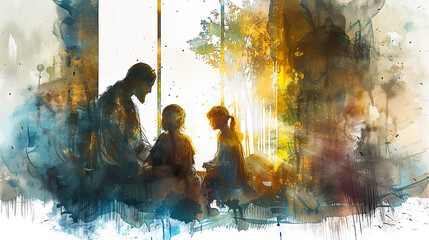 Wall Mural - Digital watercolor painting of Jesus Watercolor painting, Jesus comforting a grieving family in a modern funeral home, soft light filtering through windows, compassionate and serene mood