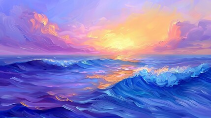 Poster - abstract ocean at sunset, waves with a gradient of blue, purple, and yellow, fluffy clouds in the sky