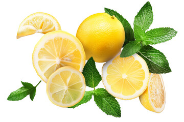 Wall Mural - Lemon with leaves isolated on transparent background