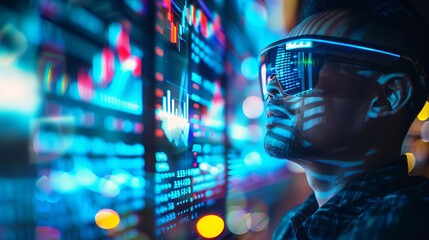 Wall Mural - A business professional wearing smart glasses with digital screen displaying realtime stock market data, double exposure photography