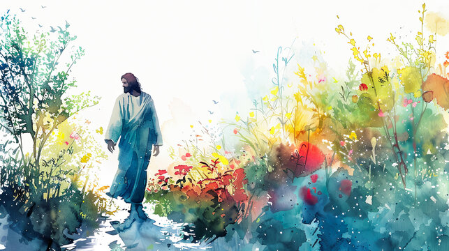 Digital watercolor painting of Jesus Watercolor painting, Jesus walking through a serene forest in spring, colorful flowers blooming, birds chirping overhead, peaceful and rejuvenating atmosphere