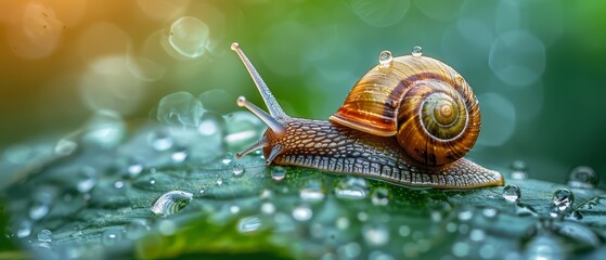 Wall Mural - Close-up of a snail on a wet leaf,