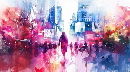Wall Mural - Digital watercolor painting of Jesus walking through a bustling city street, diverse faces and cultures blending in a tapestry of urban life