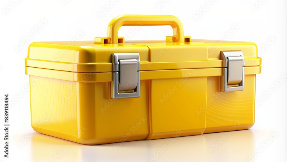 A bright yellow simple toolbox icon is centered on a pure white ...