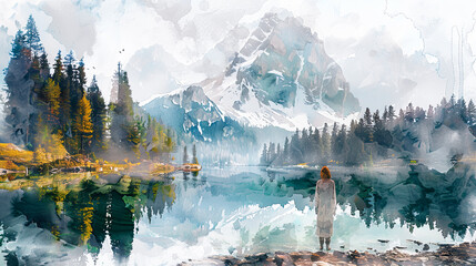 Wall Mural - Digital watercolor painting of Jesus standing on the shore of a tranquil mountain lake, surrounded by towering peaks and dense pine forests, the surface of the water mirror-smooth