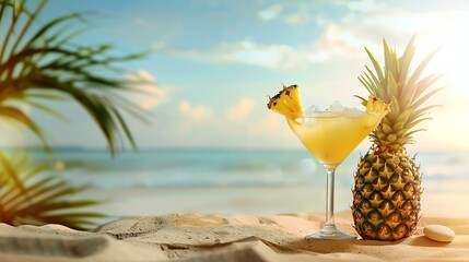 Sticker - A close-up of a pineapple and a glass of cocktail on the beach. The cocktail is garnished with a pineapple wedge. The background is blurred.