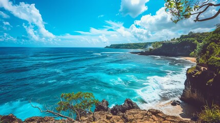 Wall Mural - Seaside view from a cliff, ocean waves, sandy beach, tranquil, vacation spot, nature's beauty