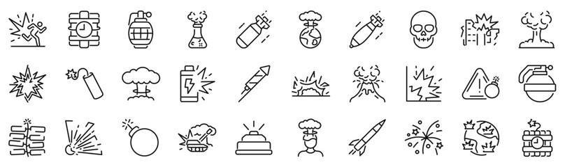 Set of 30 outline icons related to explosive. Linear icon collection. Editable stroke. Vector illustration