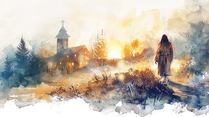 Wall Mural - Digital watercolor painting of Jesus Watercolor painting, Jesus walking through a peaceful village at dusk, warm light spilling from cottage windows, serene and welcoming atmosphere