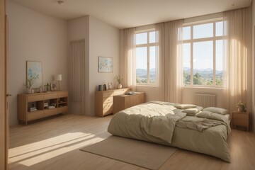 Wall Mural - A serene bedroom with a comfortable bed, calming colors, and natural light streaming through the window, promoting restful sleep.