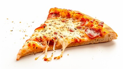 Wall Mural - A slice of tasty pizza is flying out on a white background.