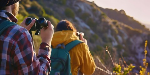 Canvas Print - Close-up of tourists birdwatching in a mountain reserve, using binoculars, vibrant background, early light