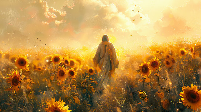 Digital watercolor painting of Jesus walking through a field of sunflowers at golden hour, the tall stalks swaying in the breeze, bees buzzing among the blossoms