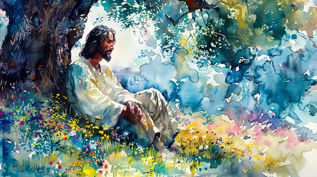 Digital watercolor painting of Jesus sitting beneath a sprawling oak tree in the midst of a sunlit meadow, a gentle breeze rustling the leaves, a patchwork of wildflowers